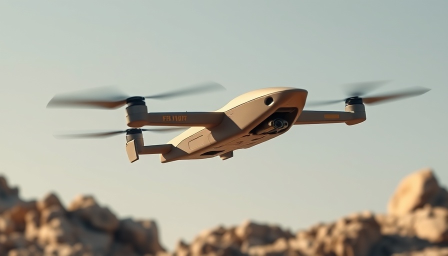 Lift generating drone flying over rocky landscape with clear sky