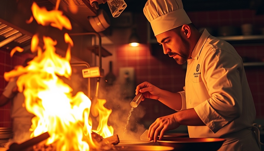 Chef igniting flames with liquid in vibrant San Francisco restaurant.