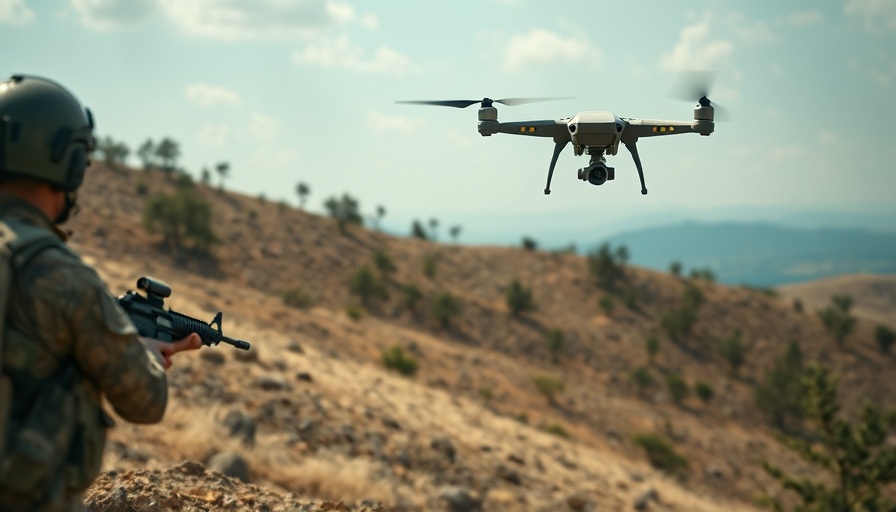 Military operation monitoring drone in a hilly landscape