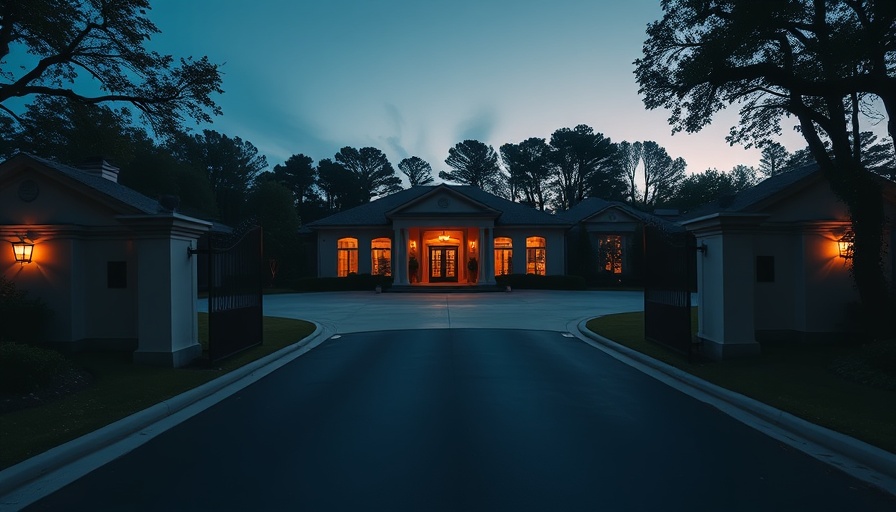 Luxurious estate entrance at twilight, engaging real estate videos.