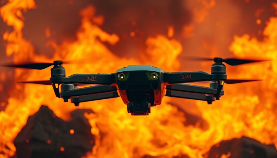 Futuristic drone amid flames, illustrating legal risks.