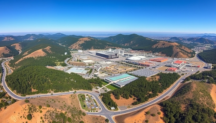 Aerial view of Lawrence Berkeley National Laboratory amidst hills and trees.