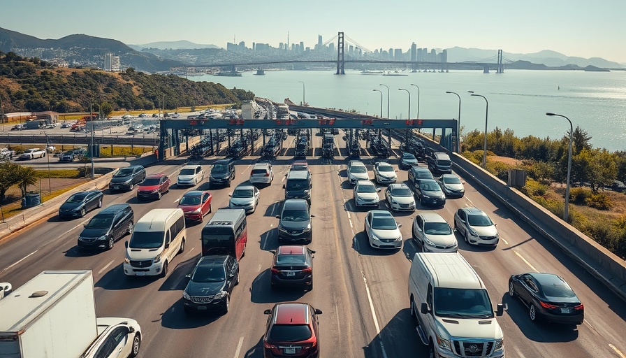 Casual carpool traffic near Bay Area's San Francisco with skyline and water.