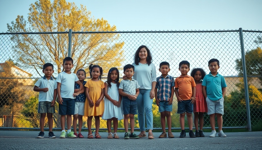 Diverse group by a fence discussing immigration policies impact on schools.
