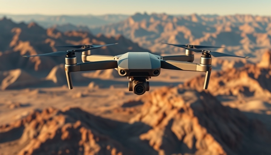 Electric drone flying over desert mountains, capturing scenic views.