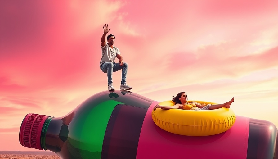 Surreal East Bay arts adventure scene with giant bottle and floating figures.