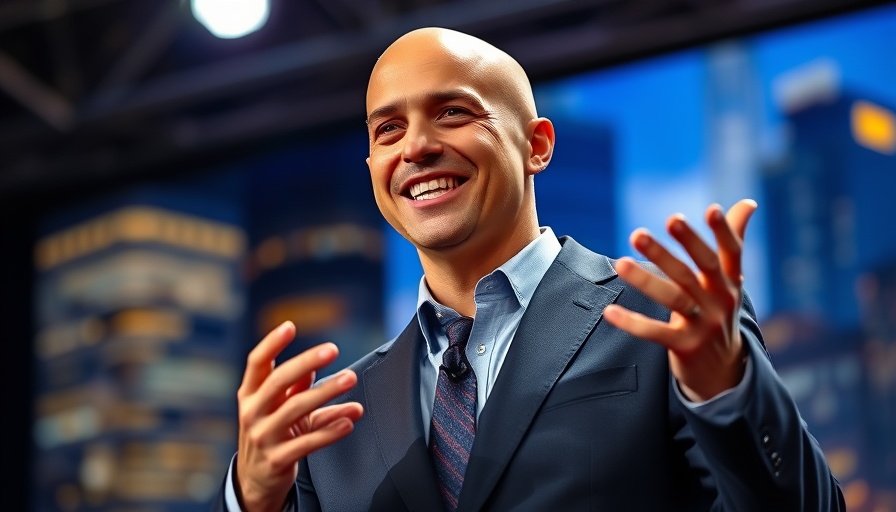 Man energetically speaking on stage, vivid conference setting.