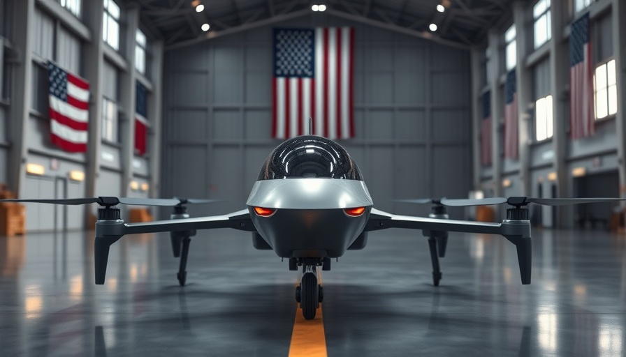 Sleek autonomous cargo drone in a spacious hangar, American flag backdrop.
