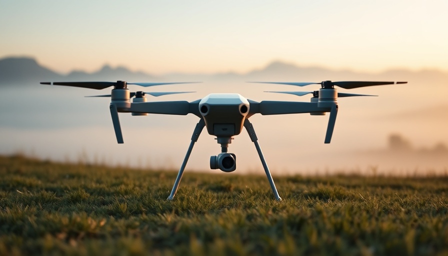 Sleek modern drone ready for launch in misty field, military technology.