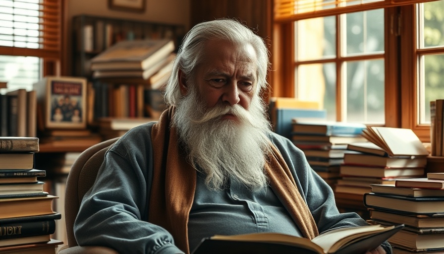 Elderly man in cozy book-filled room, serene ambiance, Heyday Books.