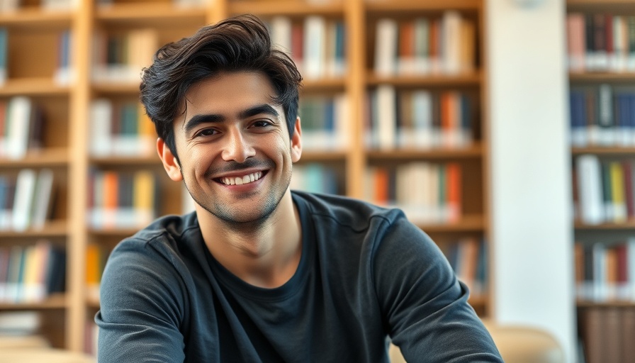 Young man smiling indoors with bookshelves, soft lighting.