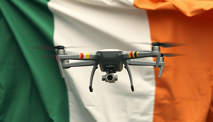 Modern drone flying in front of Irish flag, illustrating Ireland National UAS Policy Framework.