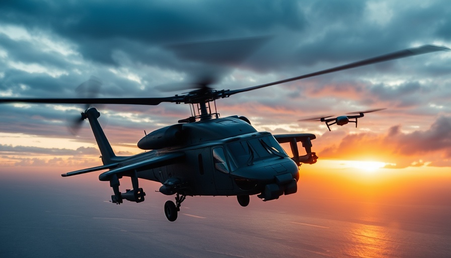 Modernized Black Hawk helicopter and drones flying at sunset