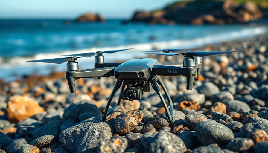 Advanced Fiber Optic FPV Drone resting on rocky beach.