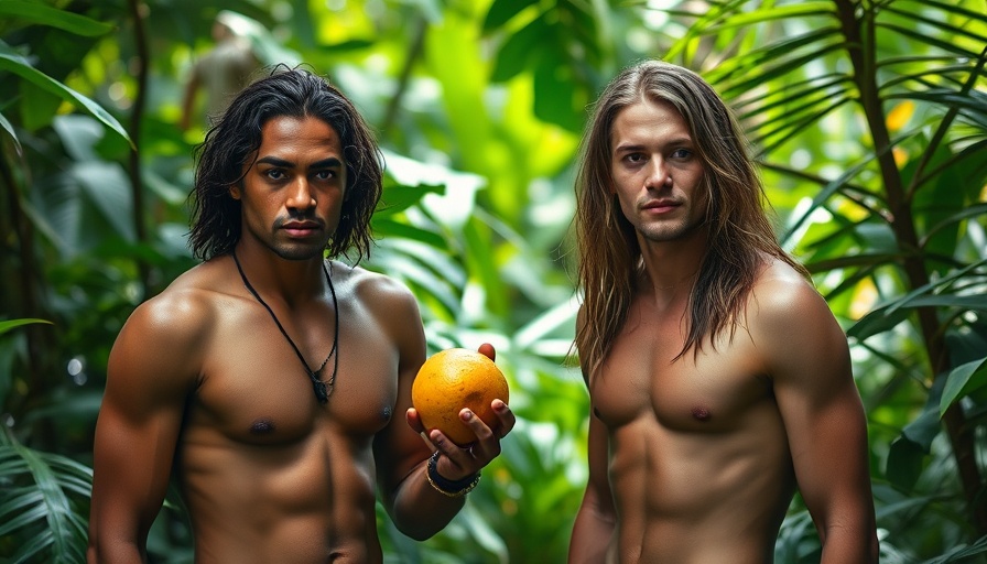 Ron Howard Eden review: jungle scene with two people and fruit.