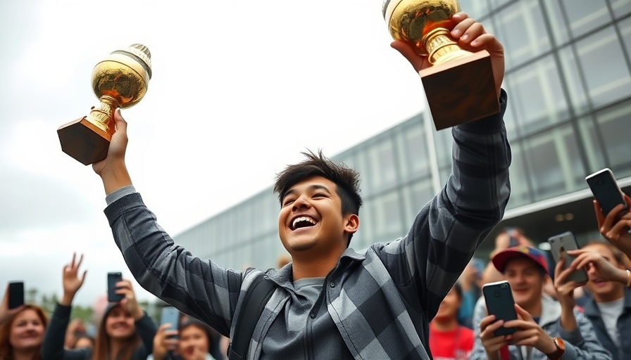 Joyful young man celebrating with trophy amid crowd at performative male contest.