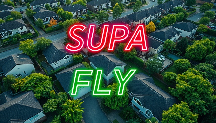 Vibrant aerial view of homes with neon text overlay, exploding visual.