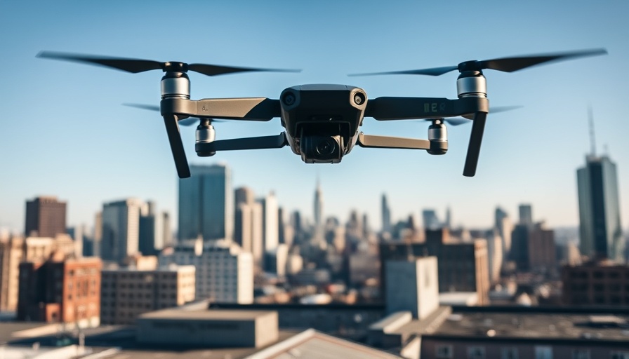 Advanced drone over urban skyline, showcasing technology amid skyscrapers.