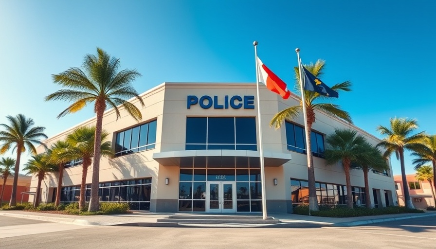 Modern police building with flags and palm trees under blue sky