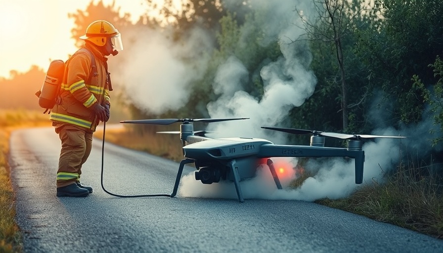 Firefighter inspecting crashed drone in UK border surveillance incident.
