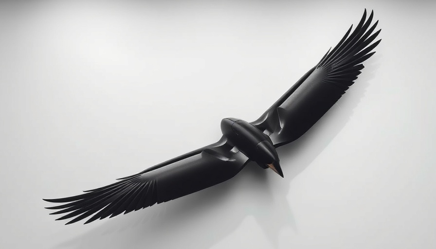 Sleek black bird-inspired drone wing on display, minimalistic background
