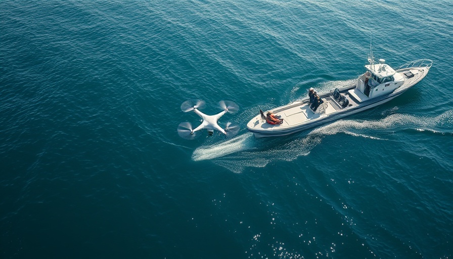 Drone delivery of medical supplies and auto parts over patrol boat in open water.