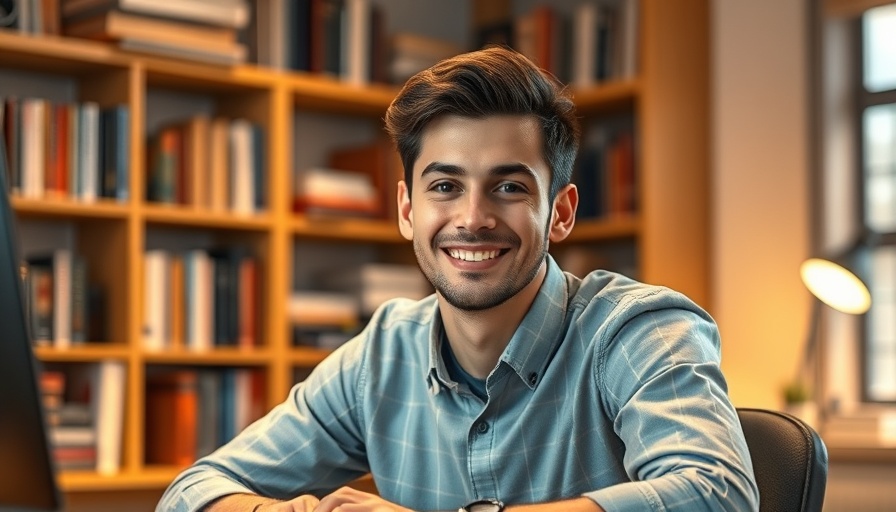 Young man in a red shirt smiling at a desk.