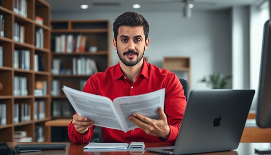 Young man in red shirt explaining exam process in office setting.