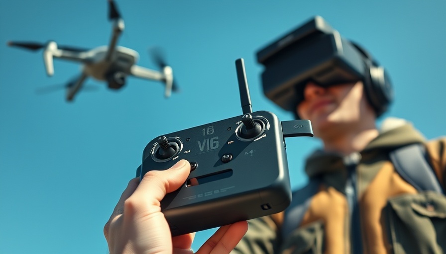 New V16 Radio for Drones with man flying under clear blue sky.