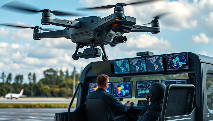 AI-Powered drone security system with monitoring screens and personnel.