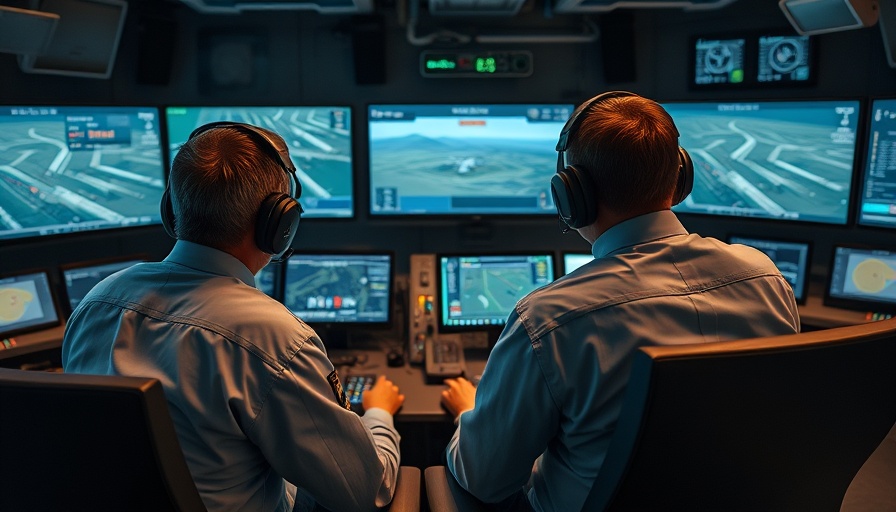 Two remote pilots in control room focusing on UAV navigation.