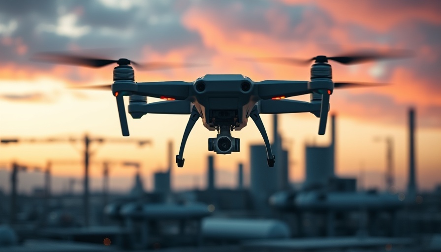 Advanced drone hovering at dusk in an industrial setting.