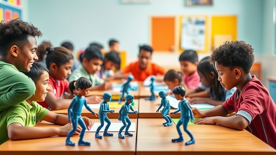 Students engaging with ChatGPT action figures in a vibrant classroom, showcasing AI in classrooms.