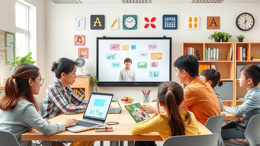 Vibrant classroom with teachers and students using AI in education tools for language learning.