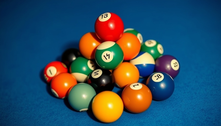 Vibrant billiard balls arranged on blue felt for TOP Tour results.