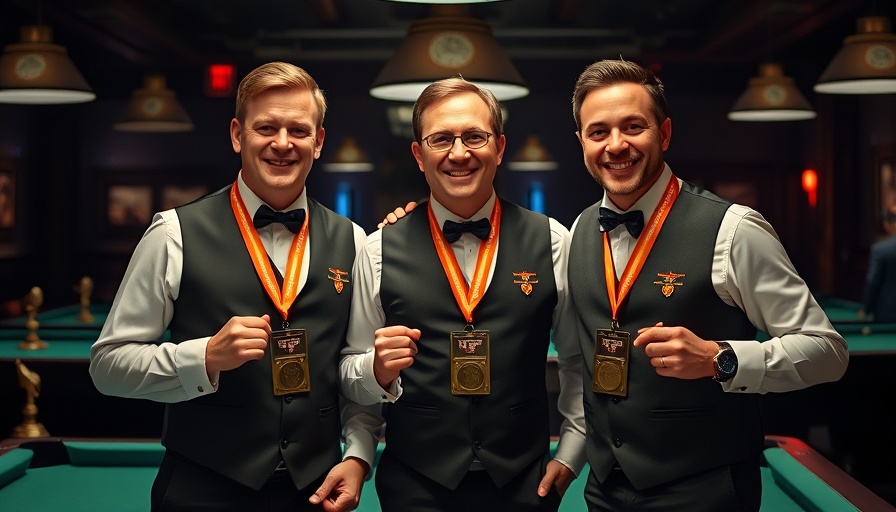 Three men at the WPA World Artistic Pool Championships with medals and trophies.