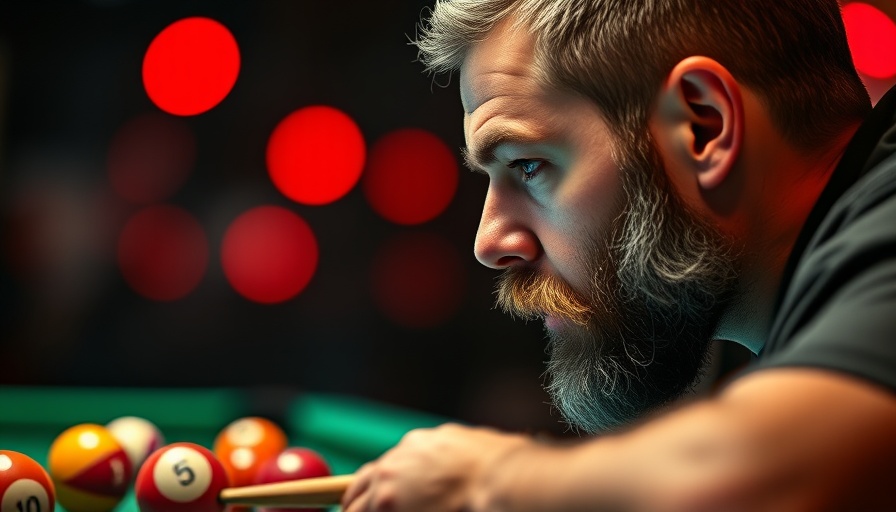 Focused man at pool tournament with red lights, Italian Open.