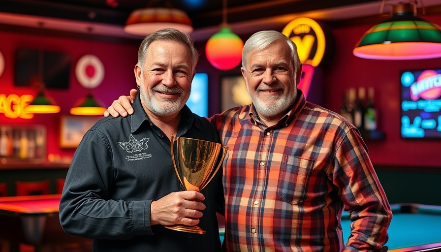 Two men at billiards tournament hold trophy in neon-lit bar.