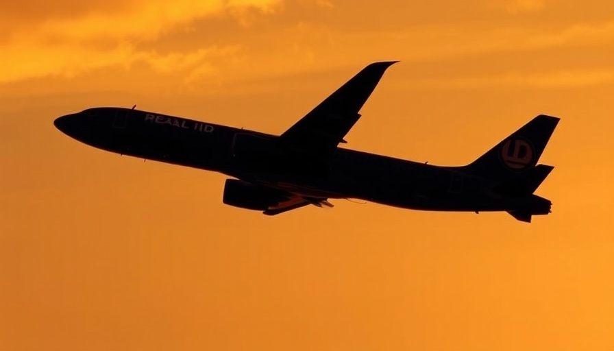 Silhouette of airplane in sunset sky with REAL ID compliance message.