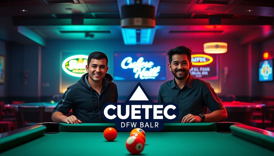 Cuetec DFW 9-Ball Tour participants at billiards table in neon-lit venue.