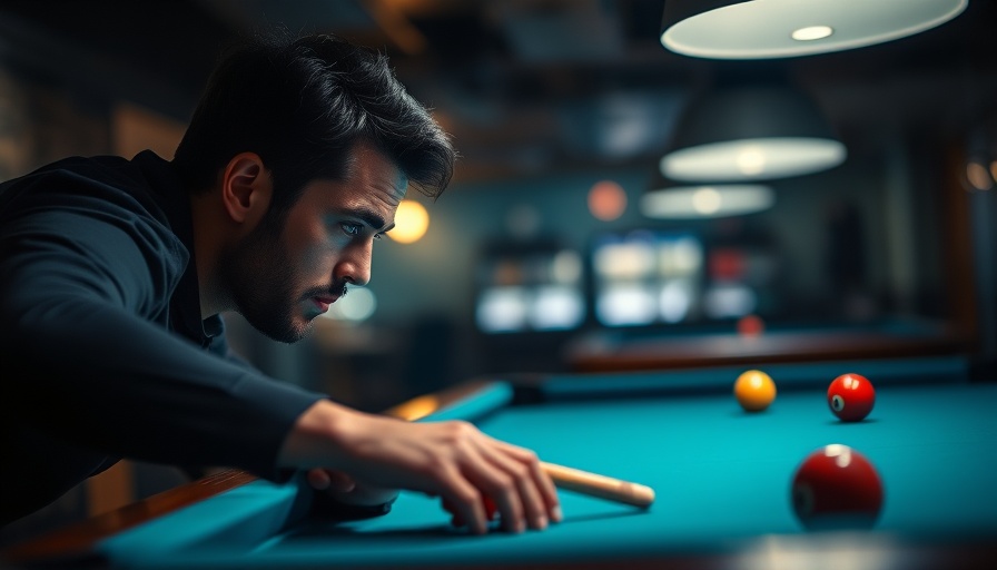 Pool player at the Maine State 9-Ball Championship aiming a shot.