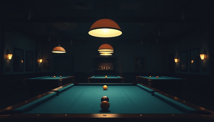 Dimly lit pool hall showing empty tables and glowing lamps.