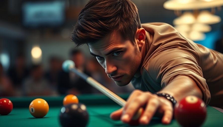 Focused pool player lines up a shot with intense concentration.