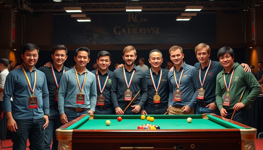 Billiards champions in Las Vegas displaying medals at event.