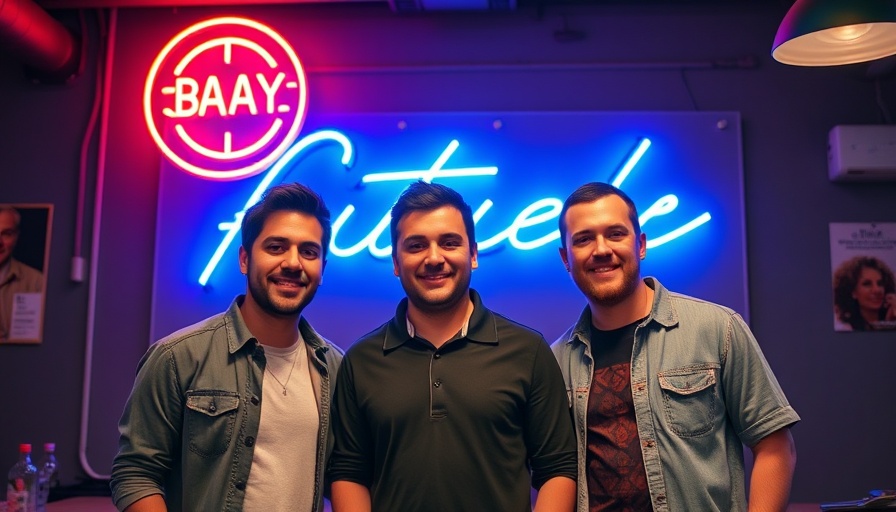 Three men at Dot's Cue with neon sign, Jimmy Faircloth TOP Tour Title.