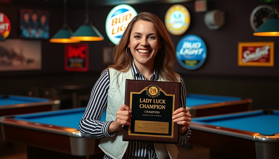 2025 Lady Luck Open billiards champion holding plaque in pool hall.