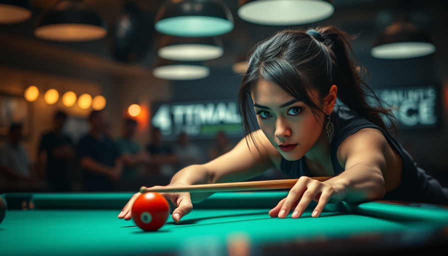 Chieh-Yu Chou aiming shot at pool table in Olhausen Raxx Mezz Invitational.