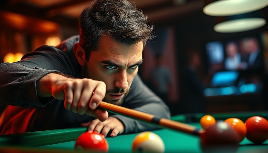 Focused player aiming cue in Josh Roberts Pool Series Winner match.