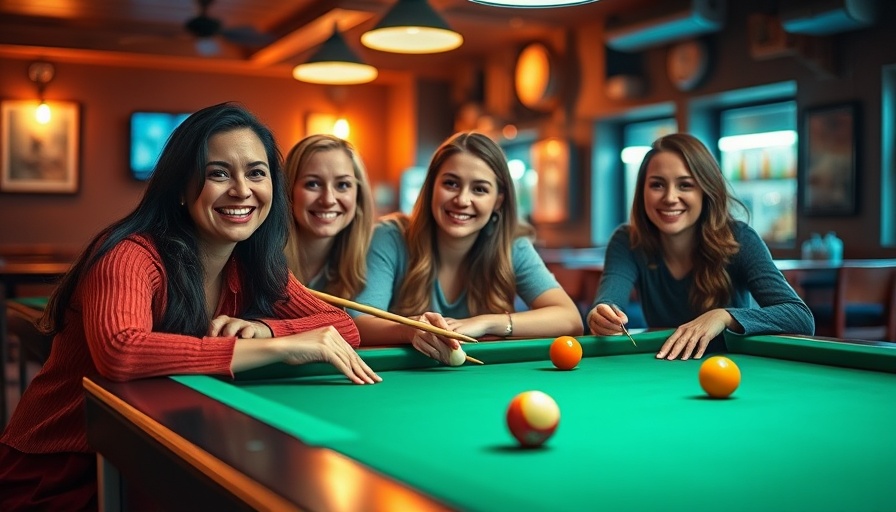 Three women smiling over a billiard table, Lela Andrews West Coast Women's Tour victory