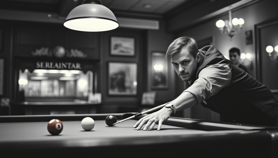 Buddy Hall billiards legend playing pool, vintage scene in billiard hall.